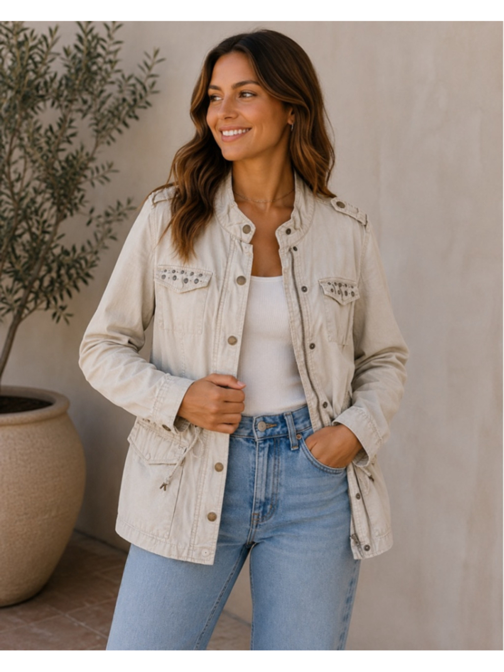 Women's Baccini Beige Utility Jacket with Studs Size M Summer